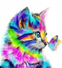 Алмазная мозаика картина стразами Разноцветный котёнок с бабочкой, 15х20 см