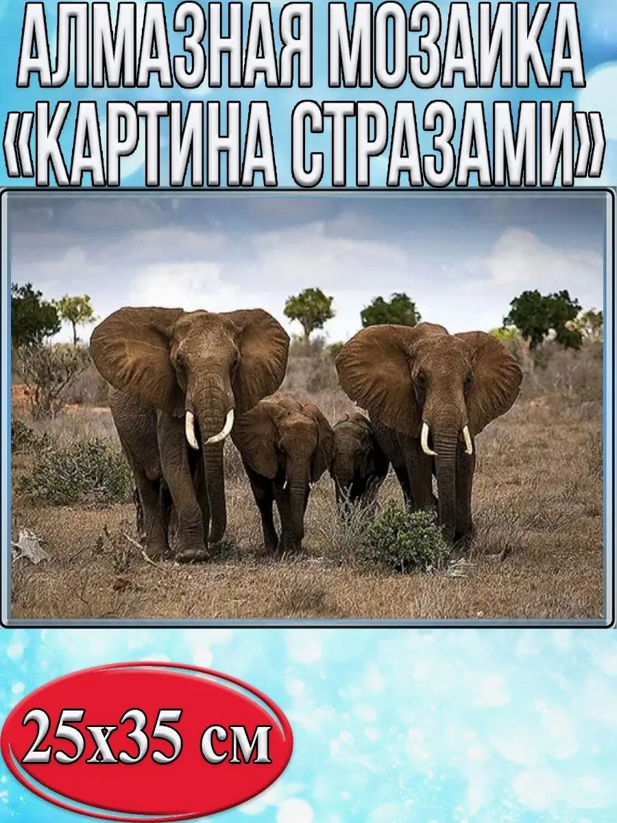 Алмазная мозаика картина стразами Семья слонов, 30х40 см