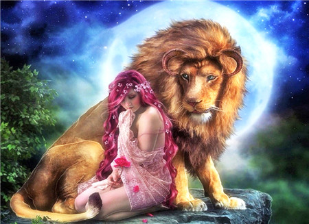 Алмазная мозаика картина стразами Девушка со львом, 50х65 см