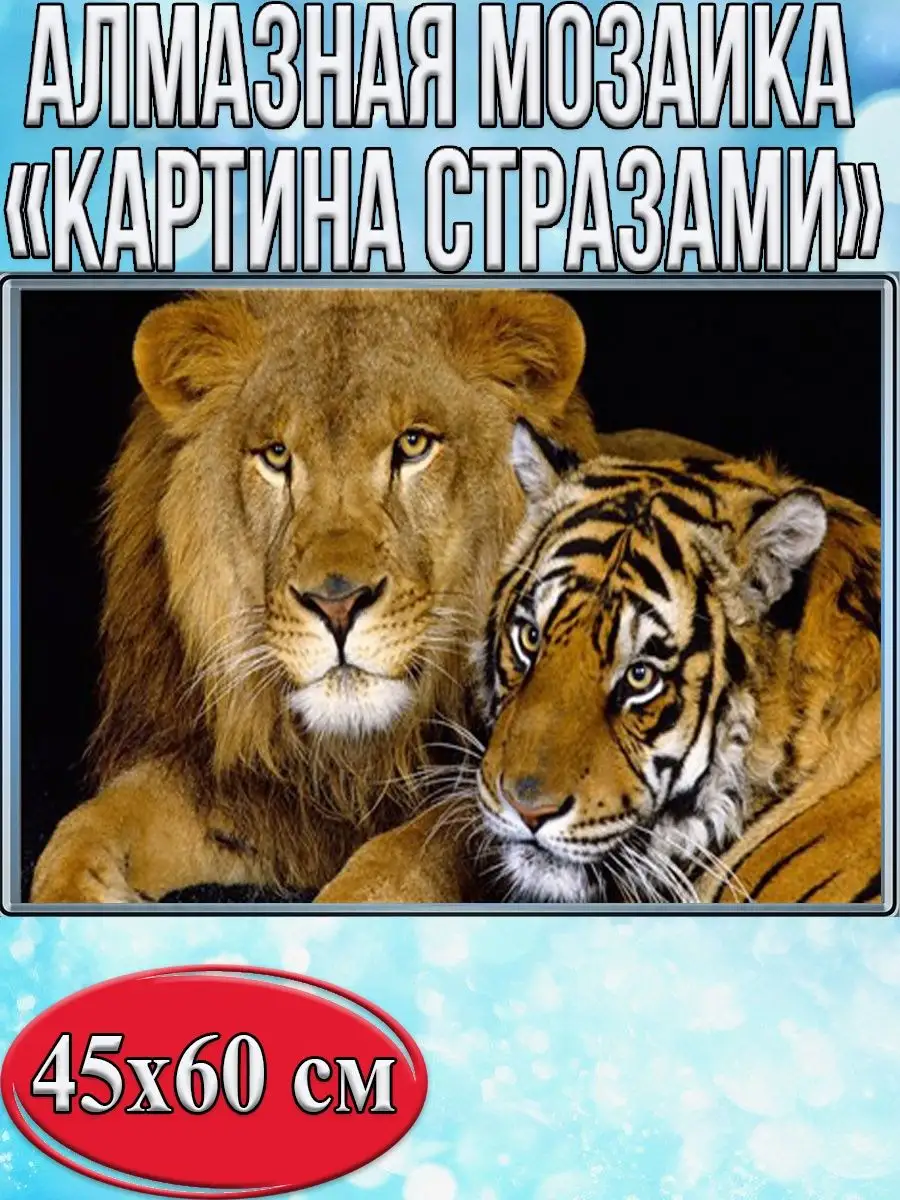 Алмазная мозаика картина стразами Лев с тигром, 50х65 см