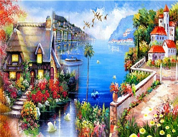 Алмазная мозаика картина стразами Дом у озера, 50х65 см