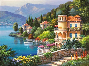 Алмазная мозаика картина стразами Дома на берегу озера, 50х65 см