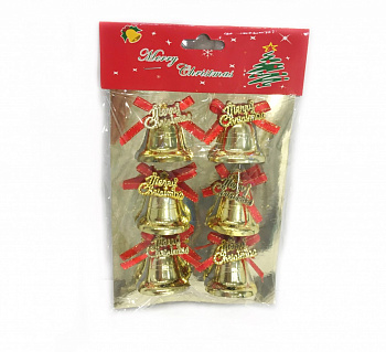 Золотые колокольчики с красным бантиком Merry Christmas, 6 шт Золотые колокольчики с красным бантиком Merry Christmas, 6 шт