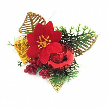 00011804 Новогодняя декоративная веточка с рябиной и пуансеттией, 24 см