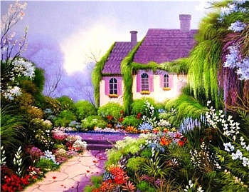 Алмазная мозаика картина стразами Домик в цветущем саду, 50х65 см