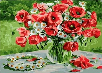 Алмазная мозаика картина стразами Натюрморт с маками и ромашками, 30х40 см