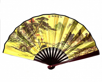 00016559 Складной веер с рисунком и деревянным основанием, 27 см
