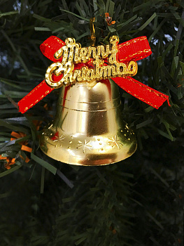 Золотые колокольчики с красным бантиком Merry Christmas, 6 шт