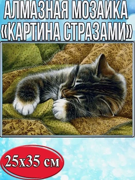 Алмазная мозаика картина стразами Спящий котёнок, 30х40 см