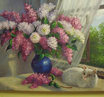 Алмазная мозаика картина стразами Букет сирени и белый кот, 30х40 см