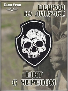 00046369 Нашивка на липучке Щит с черепом, 6х8 см