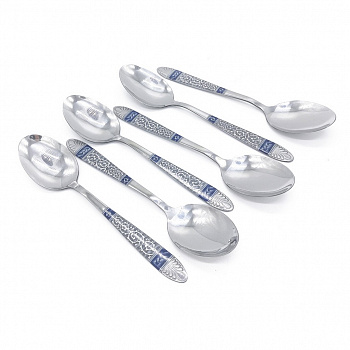 Набор столовых ложек с синим узором, 6 шт