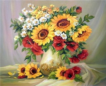 Алмазная мозаика картина стразами Букет из подсолнухов, маков и ромашек, 40х50 см