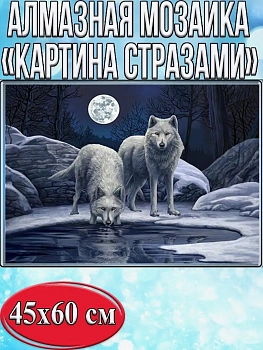Алмазная мозаика картина стразами Два белых волка, 50х65 см
