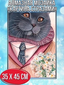 Алмазная мозаика картина стразами Кот в костюме, 40х50 см