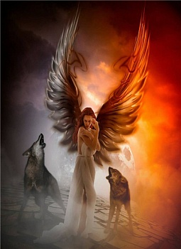 Алмазная мозаика картина стразами Ангел и волки, 50х65 см