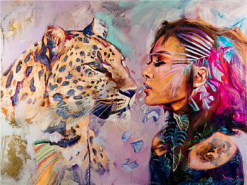 Алмазная мозаика картина стразами Леопард с девушкой, 40х50 см Алмазная мозаика картина стразами Леопард с девушкой, 40х50 см
