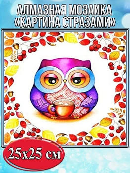 Алмазная мозаика картина стразами Сова с чашкой, 30х30 см