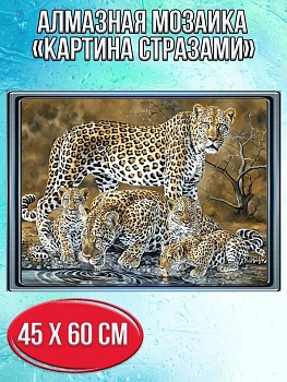 Алмазная мозаика картина стразами Леопарды на водопое, 50х65 см