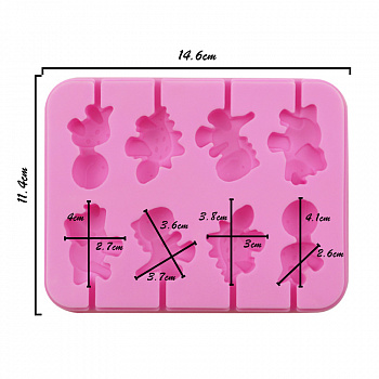 00028935 Силиконовая форма для конфет на палочке Динозавры, 8 ячеек, 14х11х1.6 см