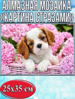 Алмазная мозаика картина стразами Щенок в корзине, 30х40 см