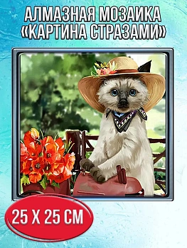 Алмазная мозаика картина стразами Кошка в шляпе и с цветами, 30х30 см